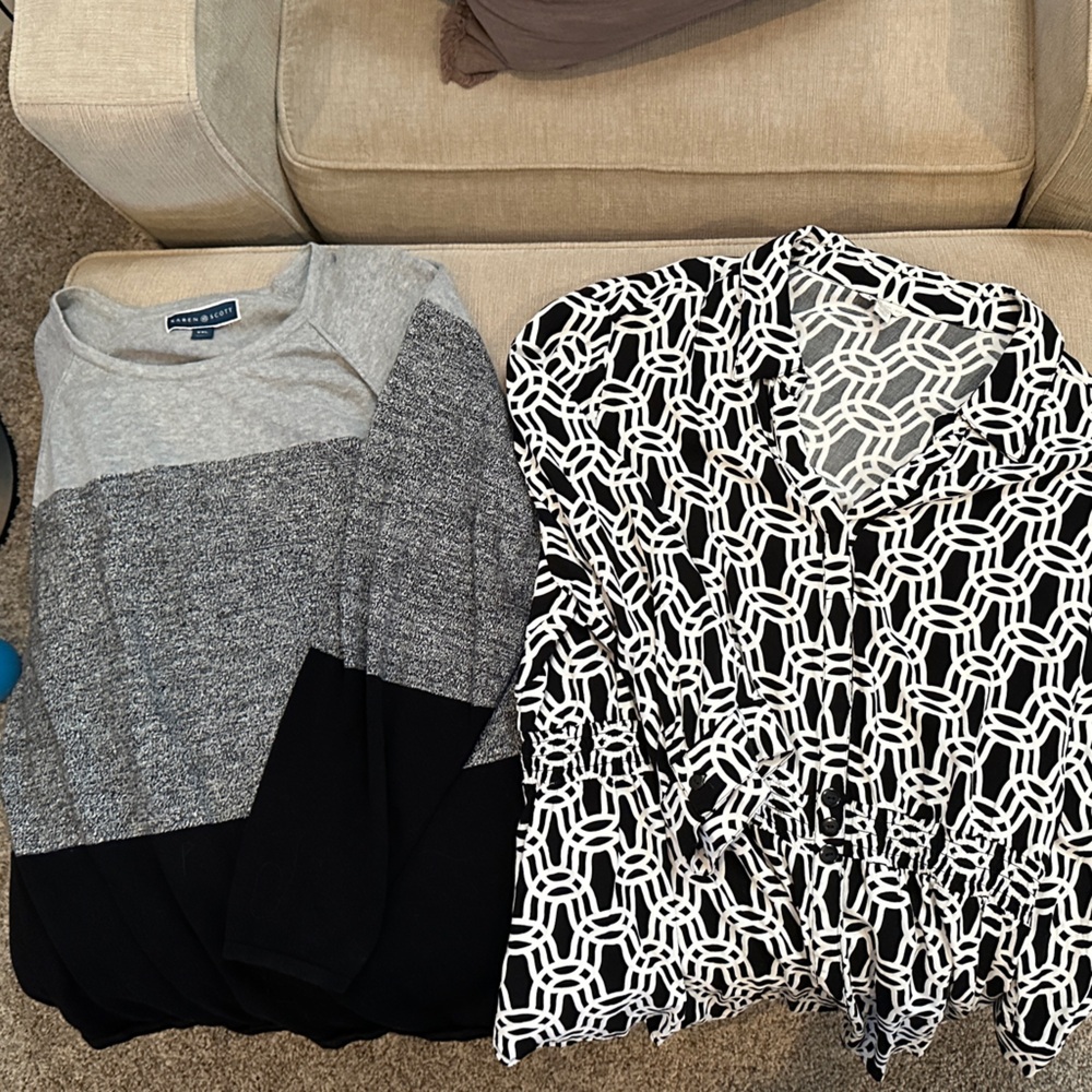 Black and White Patterned Top and Black/Gray Sweater